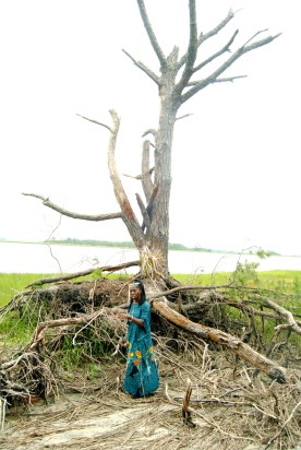 Queen Quet stood in the root structure of a tree to show the severity of tidal erosion. "We watch the ground move every day," she said.