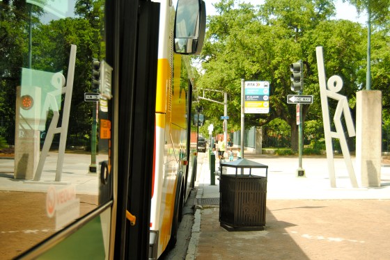 The EvacuSpot sculpture, reflected in a RTA bus window.