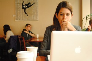 Road tripper Allie Goldstein takes advantage of wifi in a San Francisco cafe.