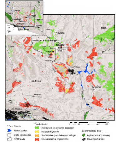 Cole et al. 2011 show the areas where Joshua trees will likely die out (red), the areas where they could naturally migrate (yellow), and the areas that could be considered for assisted relocation (green)