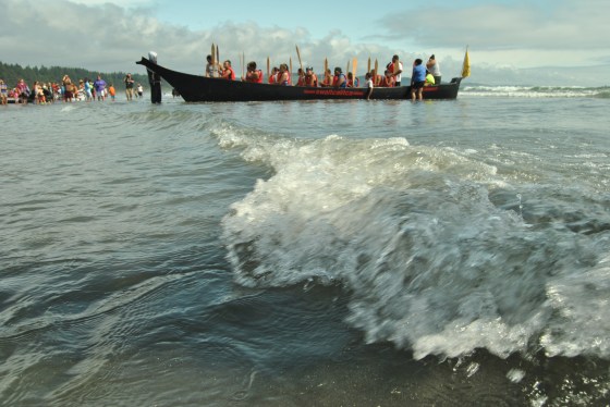 A tribe is welcomed ashore by the Quinault Nation after the two week canoe paddle.