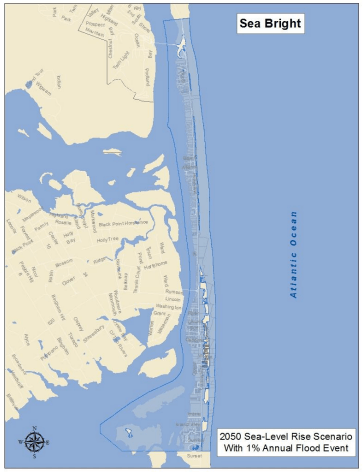 in 2050, a 1% chance annual flood event would inundate the entire borough of Sea Bright, thanks to sea-level rise (Source: Strategic Recovery Planning Report by New Jersey Future)